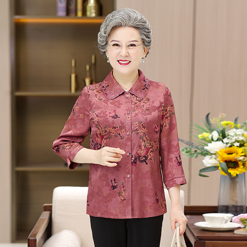 中老年人女装奶奶装夏季长袖薄衬衫翻领春秋装妈妈套装60岁70衣服