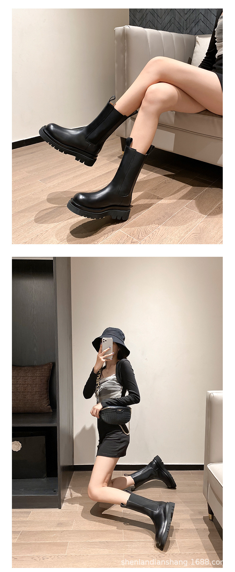 全牛皮~mona真皮内增高马丁靴女英伦风中筒厚底切尔西短靴烟筒靴