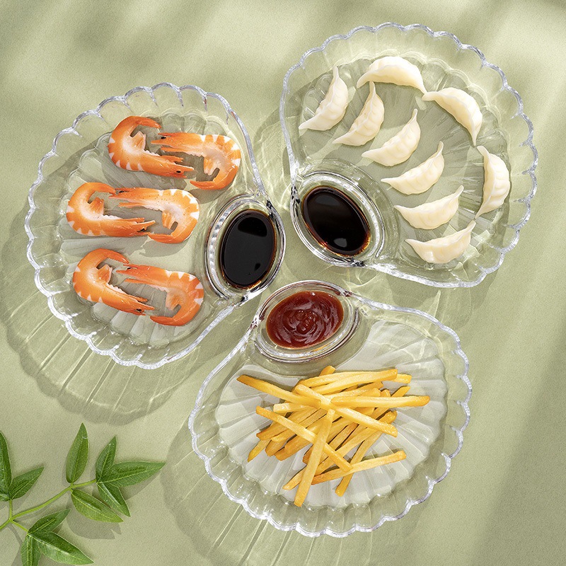 蘸料盘一体玻璃饺子盘子带醋碟分餐盘家用扇形贝壳水饺盘-阿里巴巴