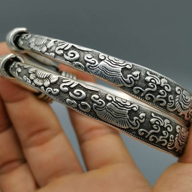 仿古做旧古玩杂项复古民族风仿古做旧藏银手镯一对金属工艺品新品