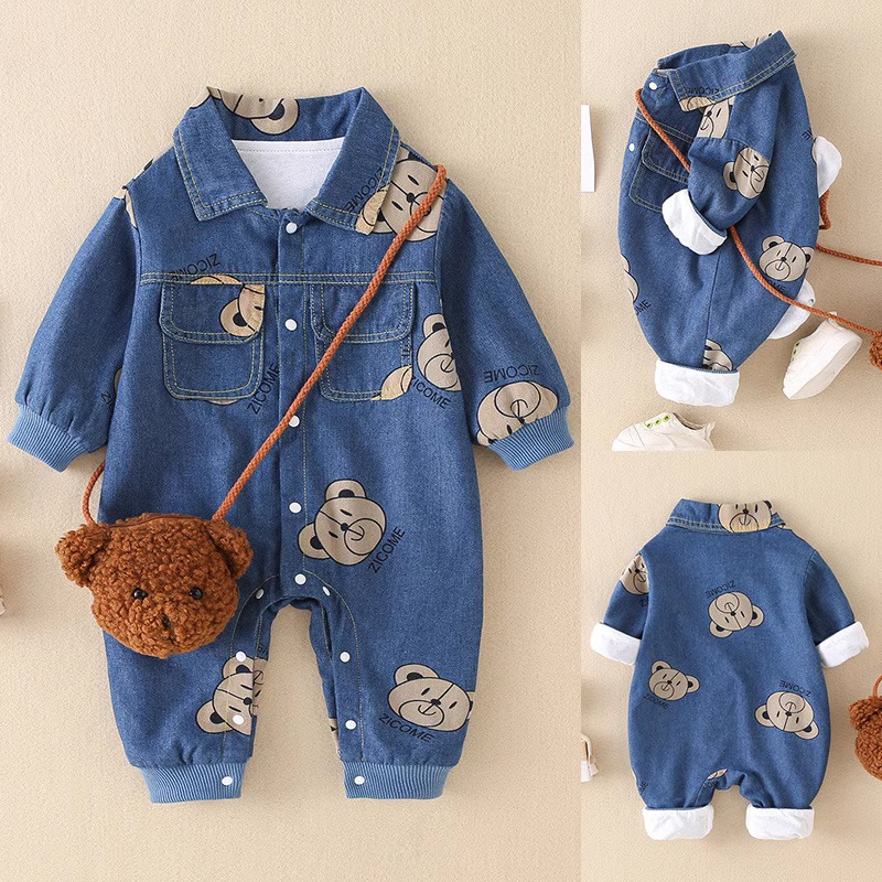超萌婴儿衣服春秋套装连体衣周岁男宝宝初春装洋气牛仔外出服春款