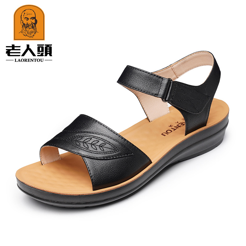 老人头夏季新款沙滩气质真皮休闲平底凉鞋舒适百搭日常防滑中年妈