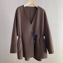 欧货V领高级感20山羊绒大衣女设计感韩版束腰宽松羊毛双面呢外套