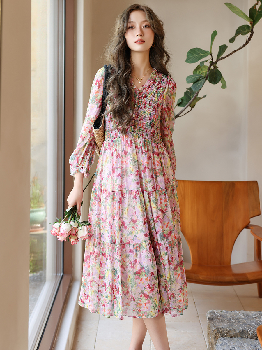 Rongtai Flower Blooming Summer Romantic Floral Silk Dress Early Spring Women's Clothing Elegant Pleated Silkworm