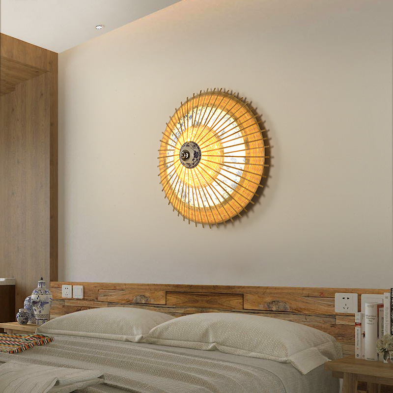 伞灯创意东南亚编织壁灯乡村田园民宿客房餐厅工程样板房墙上灯具