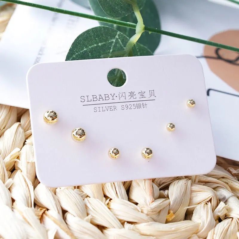 One Card 3 Pairs Suit 925 Imitation Silver Needle Asymmetric Swan Pearl Rhinestone Female Stud Earrings Student Cat's Eye