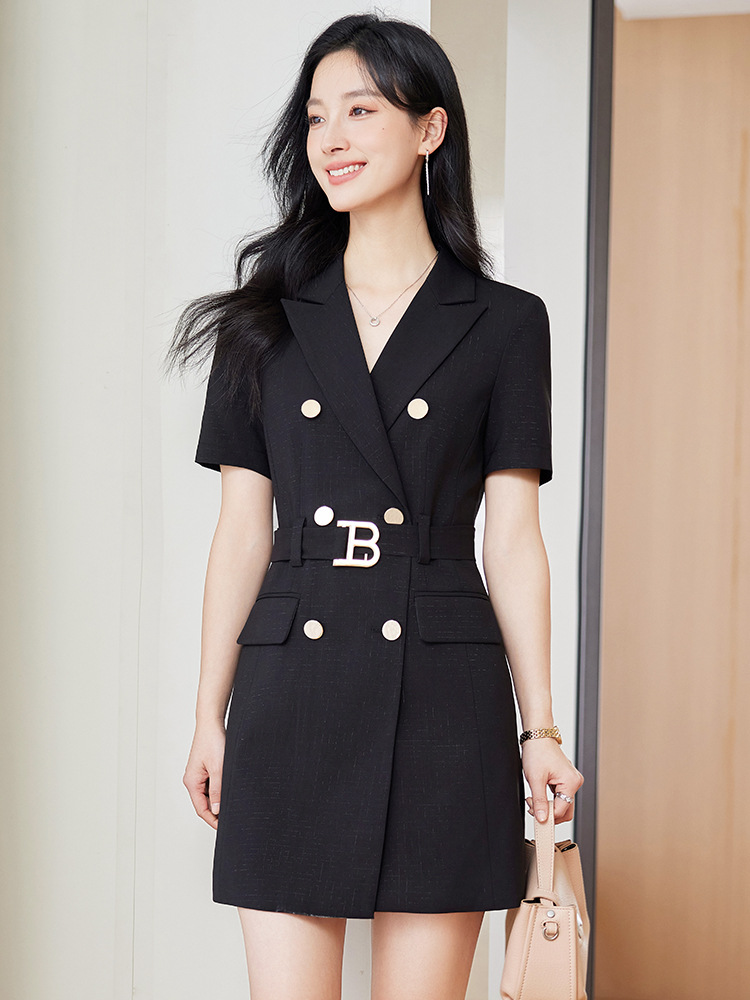 双排扣西装连衣裙女2024夏薄款ol气质职业工作服短袖连衣裙一步裙