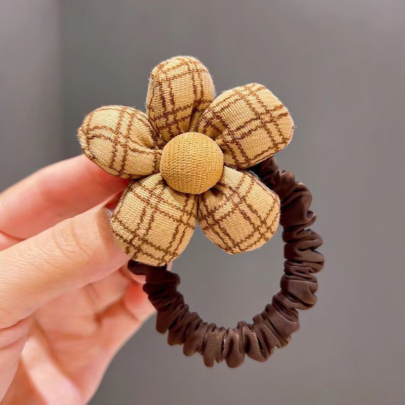 New Kids' Milk Small Flowers with Coffee Background Fabric Rubber Band Flower Hair Rope Baby Hair Ring Girls Do Not Hurt Hair Accessories Wholesale