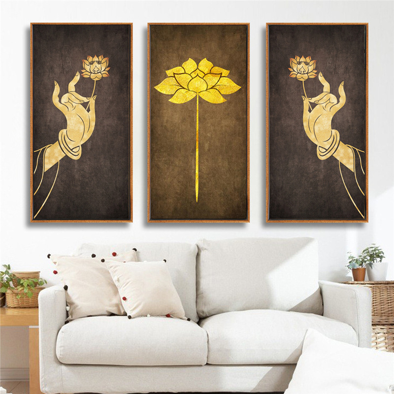 东南亚装饰画 泰式风格酒店瑜伽馆壁画三联佛手莲花墙画禅意挂画
