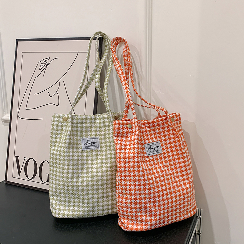 韩版大容量格子帆布包购物袋学生单肩包上课包复古托特包手提袋潮