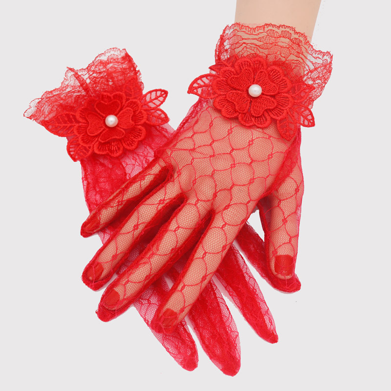 新娘手套蕾丝红色白色结婚手套婚庆婚礼婚纱手套短款长款缎面手套
