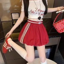 辣妹拼接半身裙红色夏季高腰2025防走光新款修身通勤花苞蓬蓬短裙