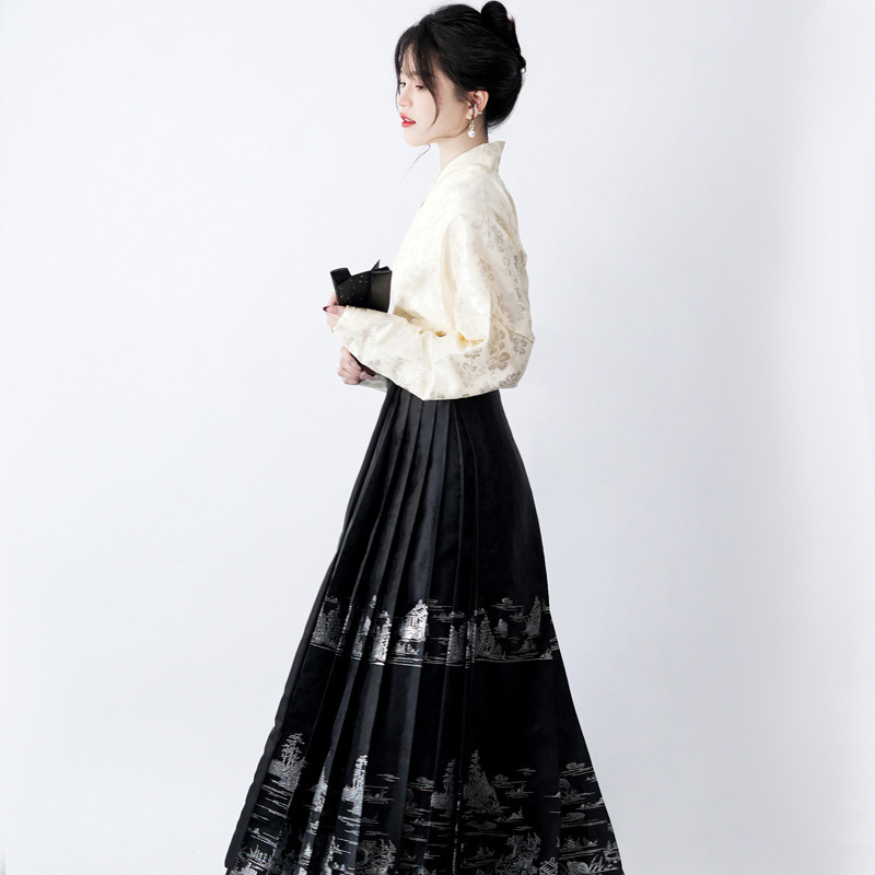 Adult Hanfu Woven Gold Woven Silver Precision Satin Black Imitation Snail Horse-Face Skirt Daily Commuting Hanfu Ming Spring and Autumn