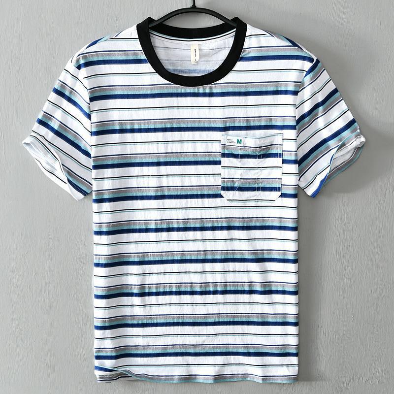 t26039 夏季拼色休闲条纹沙滩短袖t恤打底汗衫男士 一件代发-阿里巴巴