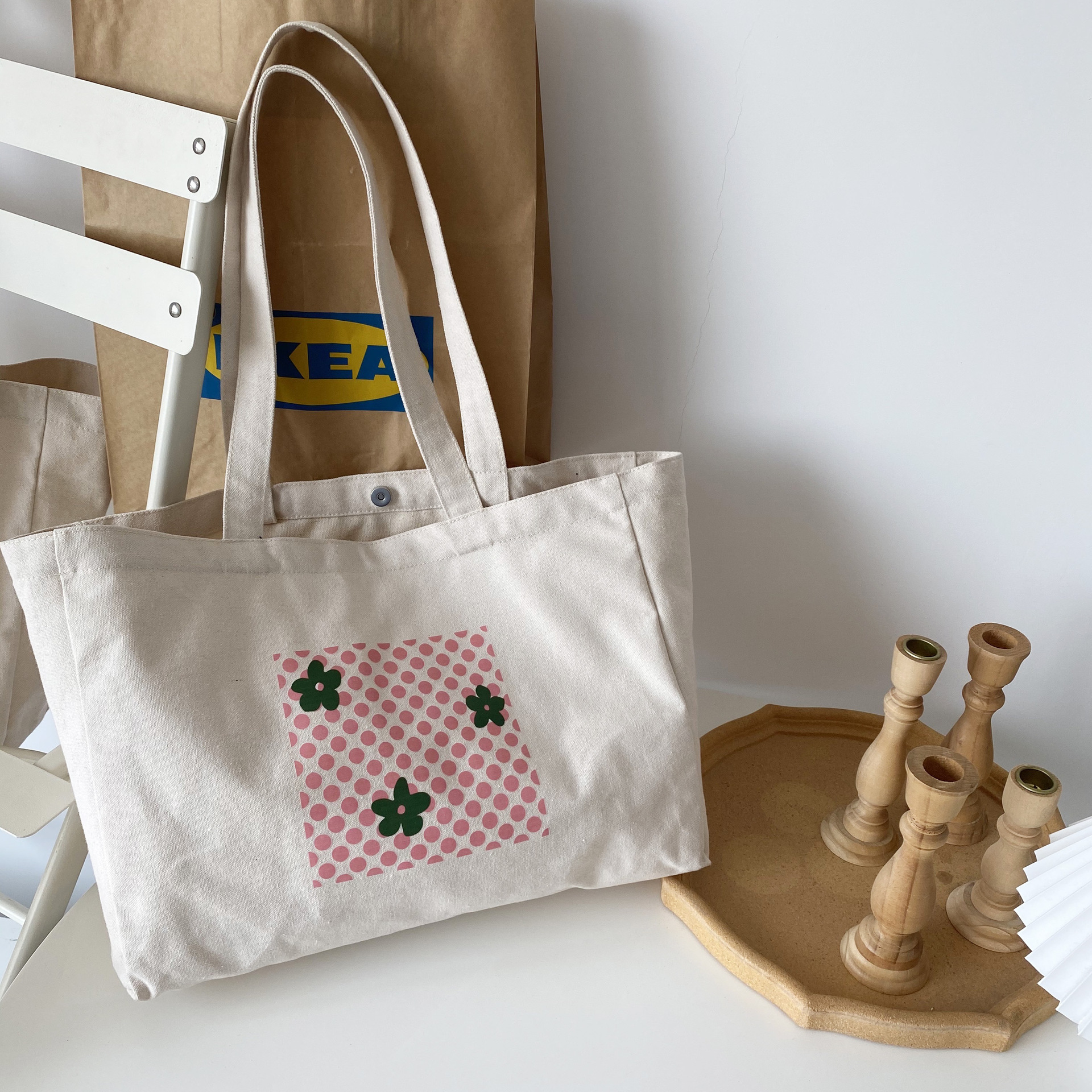 波点小清新帆布包撞色手拎包小众设计单肩包学生书包百搭手提袋女