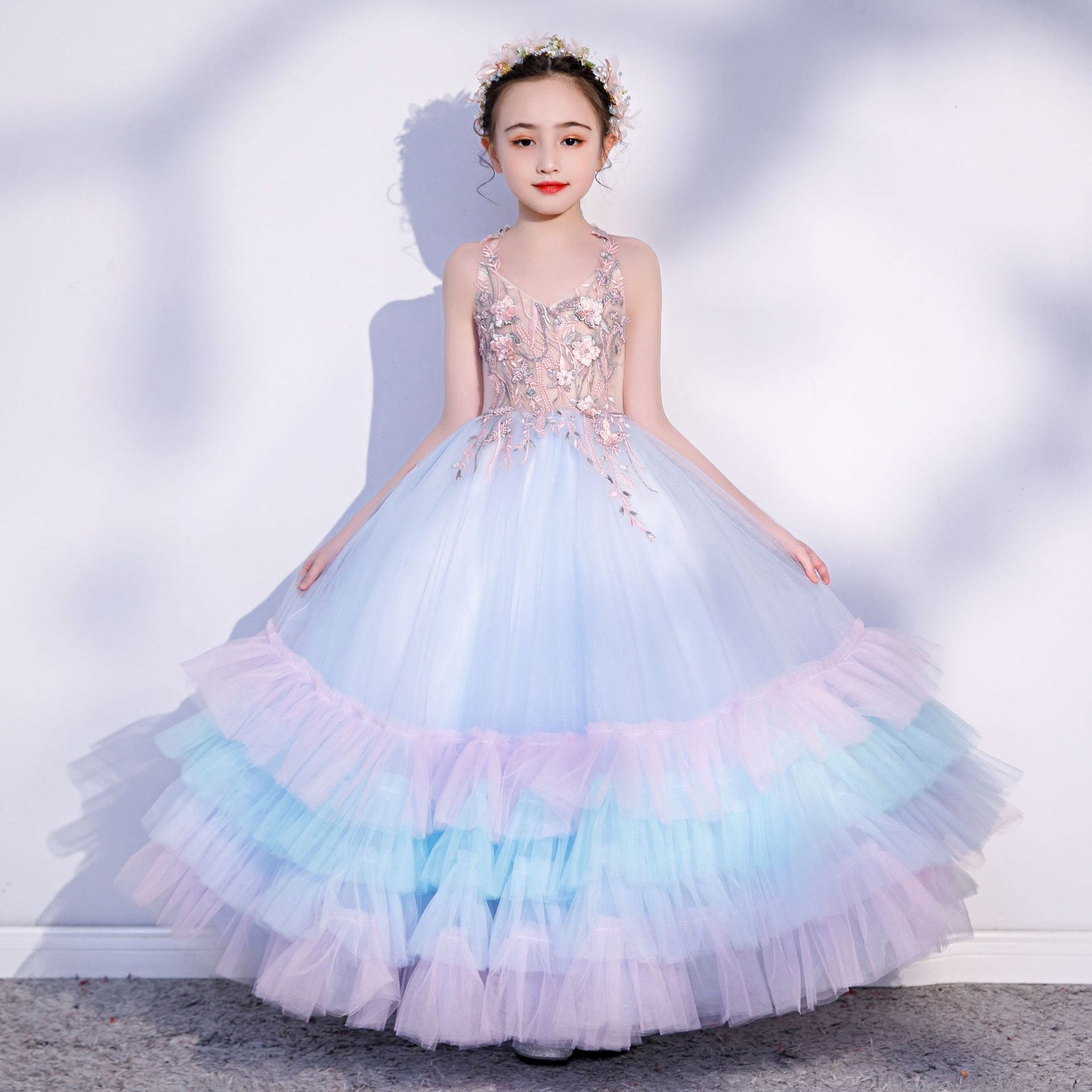 女童系带洋气公主裙蓬蓬裙主持人生日晚礼服儿童钢琴走秀演出服夏