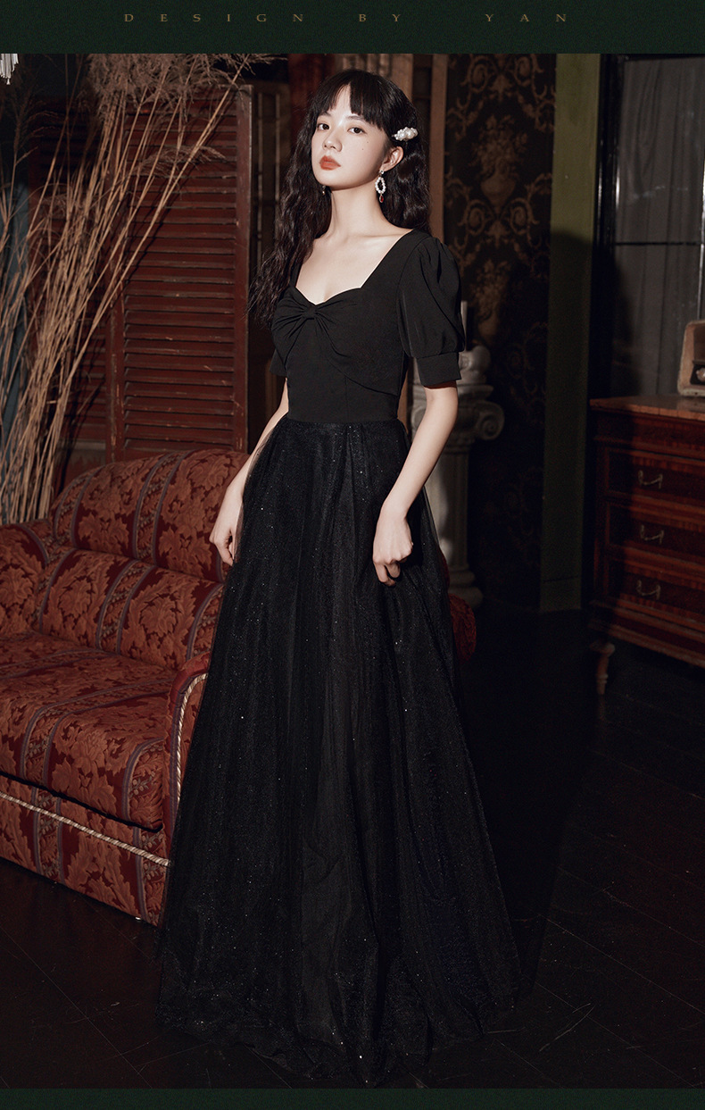 黑色晚礼服女2021新款秋冬声乐艺考法式成人礼宴会气质年会连衣裙