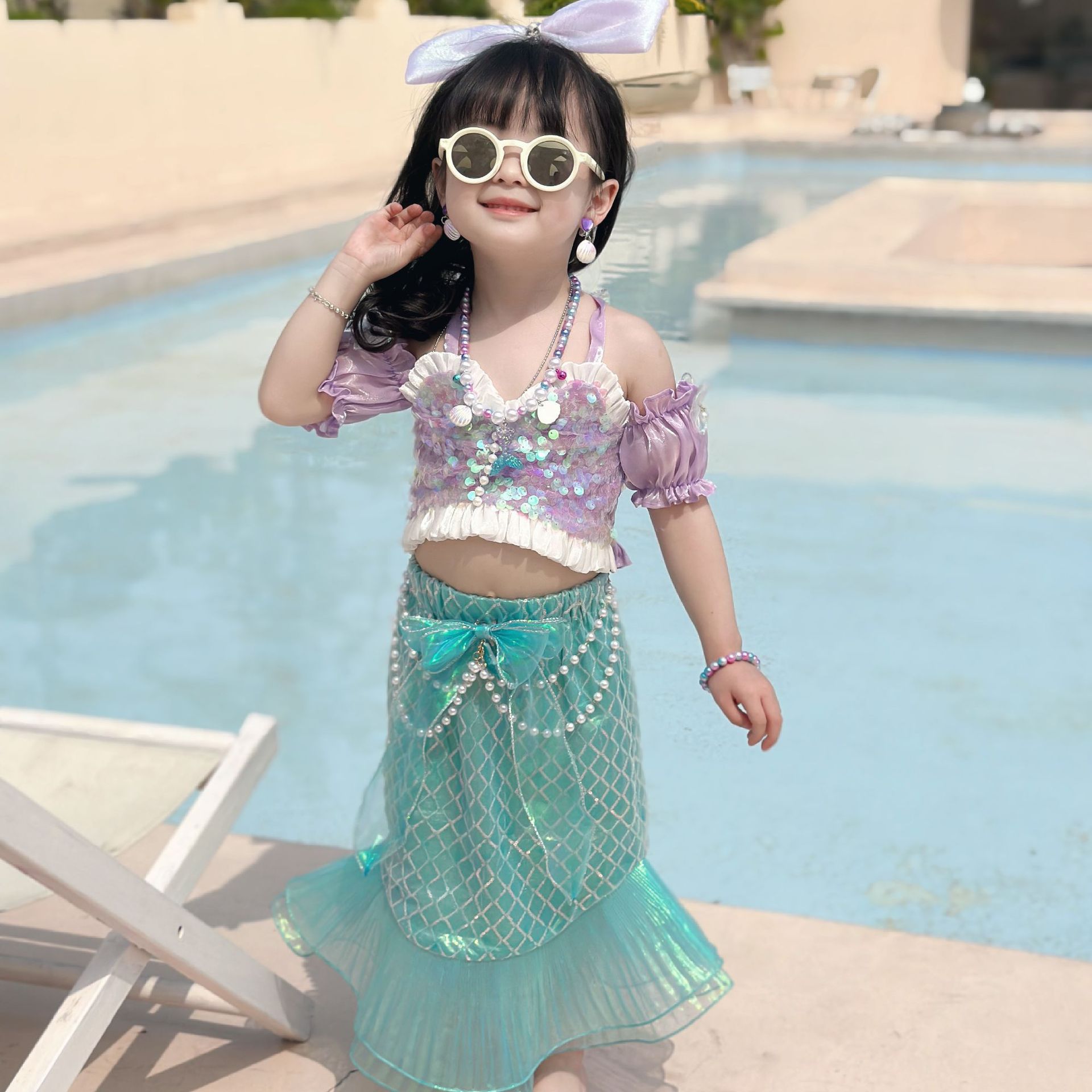 dg 美人鱼公主套装2024儿童夏装海边度假亮片鱼尾裙两件套女宝宝