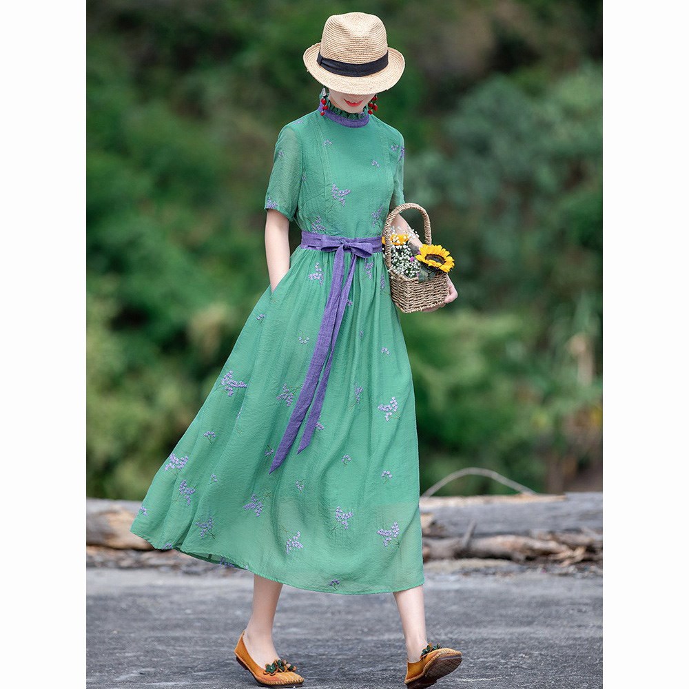 民族风绣花连衣裙2022新款春夏女装复古花色短袖长裙气质