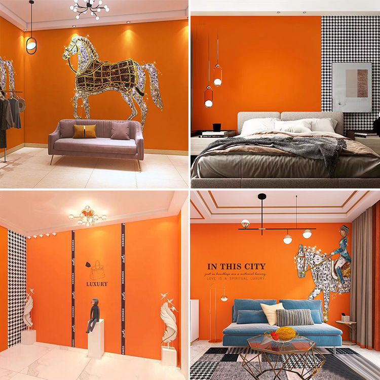 北欧轻奢爱马仕橙色壁纸服装店直播间背景墙纸麻将棋牌室橘色墙布