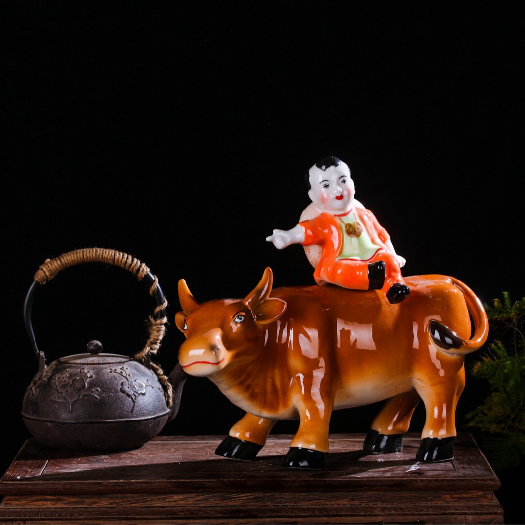 牧童牛陶瓷酒瓶3斤牧童牛酒瓶空瓶彩色镀金牧童牛礼盒装