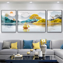三联画客厅装饰画 轻奢现代新中式山水挂画 沙发背景墙壁画晶瓷画