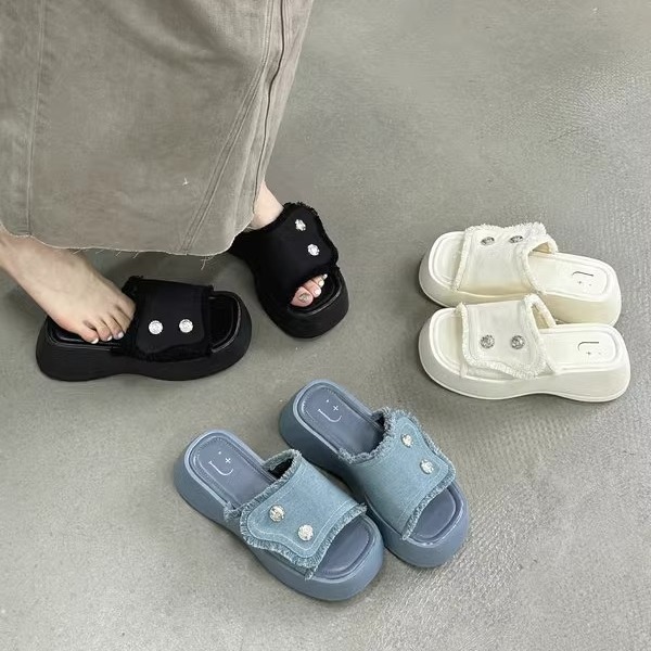 韩版流苏边牛仔凉拖鞋女外穿夏季2024年新款休闲小个子增高厚底鞋