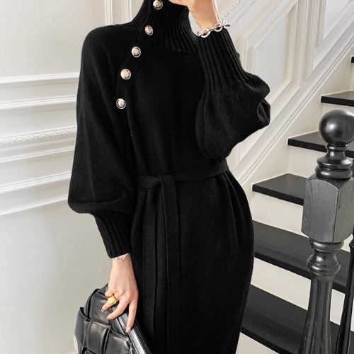 Japanese and Korean Lace-up Waist Trimming Knitted Dress 2023 Autumn and Winter New Loose Slimming and All-Matching Turtleneck Long Sweater for Women