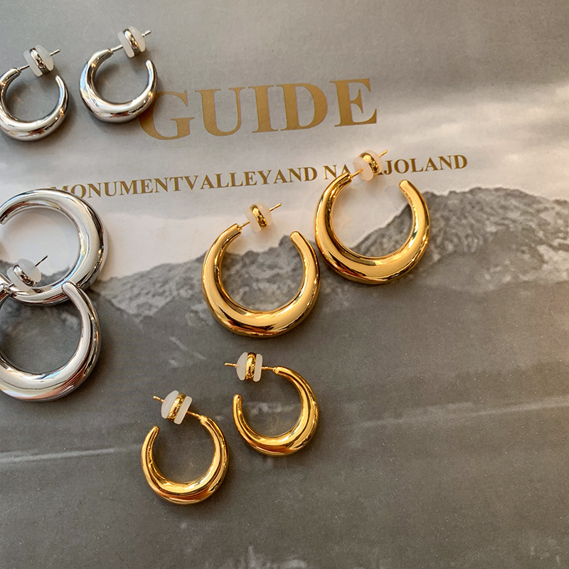 light luxury minority simple high-grade large circle ear studs real gold plating 5 thick simple bracelet c- shaped eardrop earring women