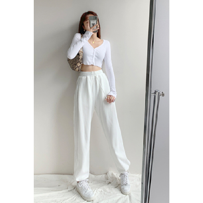 [Knitted Cotton] European and American Style Street Shooting Sports Pants Female Spring and Autumn New Outdoor Loose Drawstring Ankle Banded Pants Sweatpants Fashion