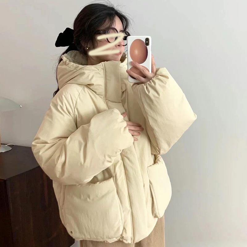 Korean Style White Duck down Large Pocket Loose Puffer down Jacket Female Short Type Hooded Jacket 2023 Winter