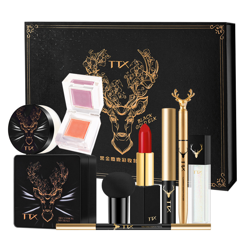 TTX Black Gold Elk Makeup Set 9-Piece Set Eyebrow Pencil Mascara Lipstick Full Set Makeup Gift Box Factory Wholesale