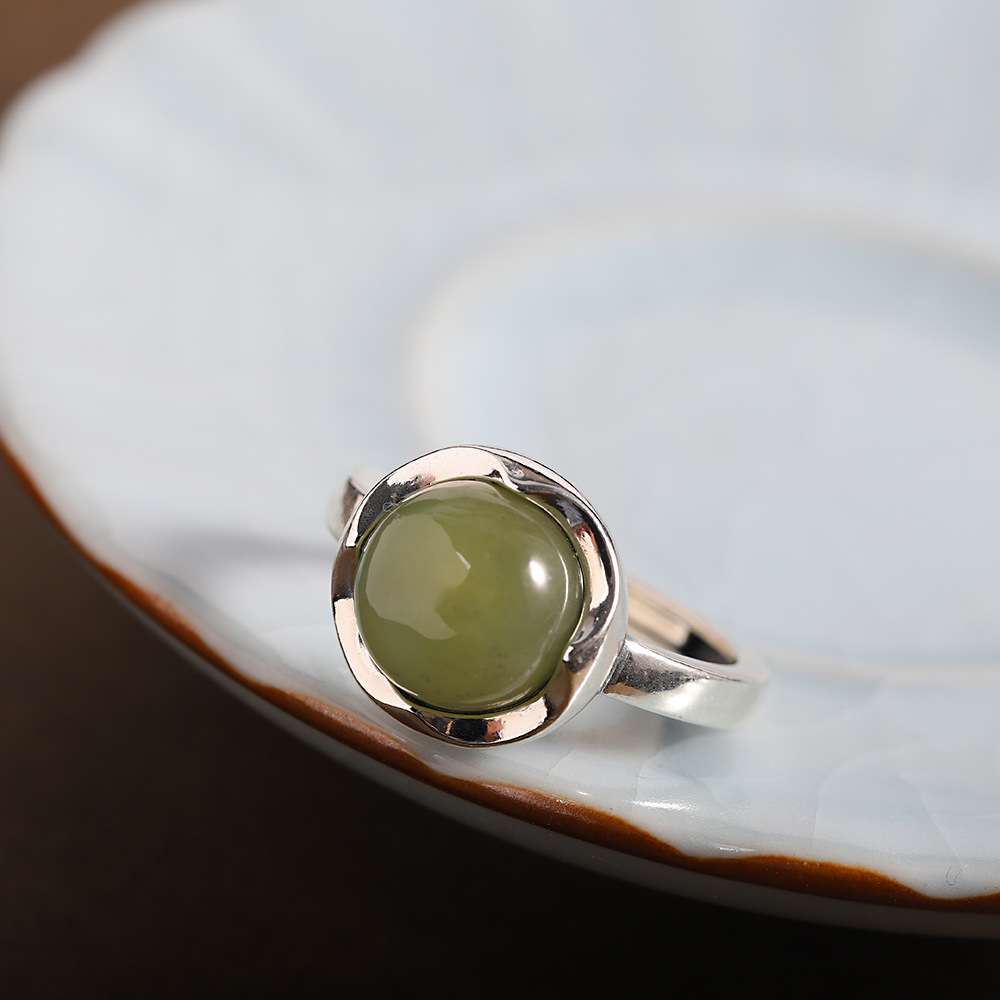 人品银品 s925银镶嵌 和田玉青玉几何戒指 时尚简约女式开口戒指