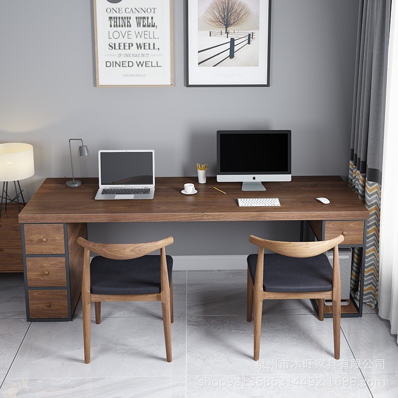 简约带抽屉实木电脑桌双人位家用书房电竞主机箱桌原木工作台书桌