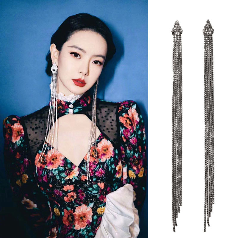 戚薇同款超长水晶水钻流苏耳环明星李宇春款气质夸张欧美大气耳坠