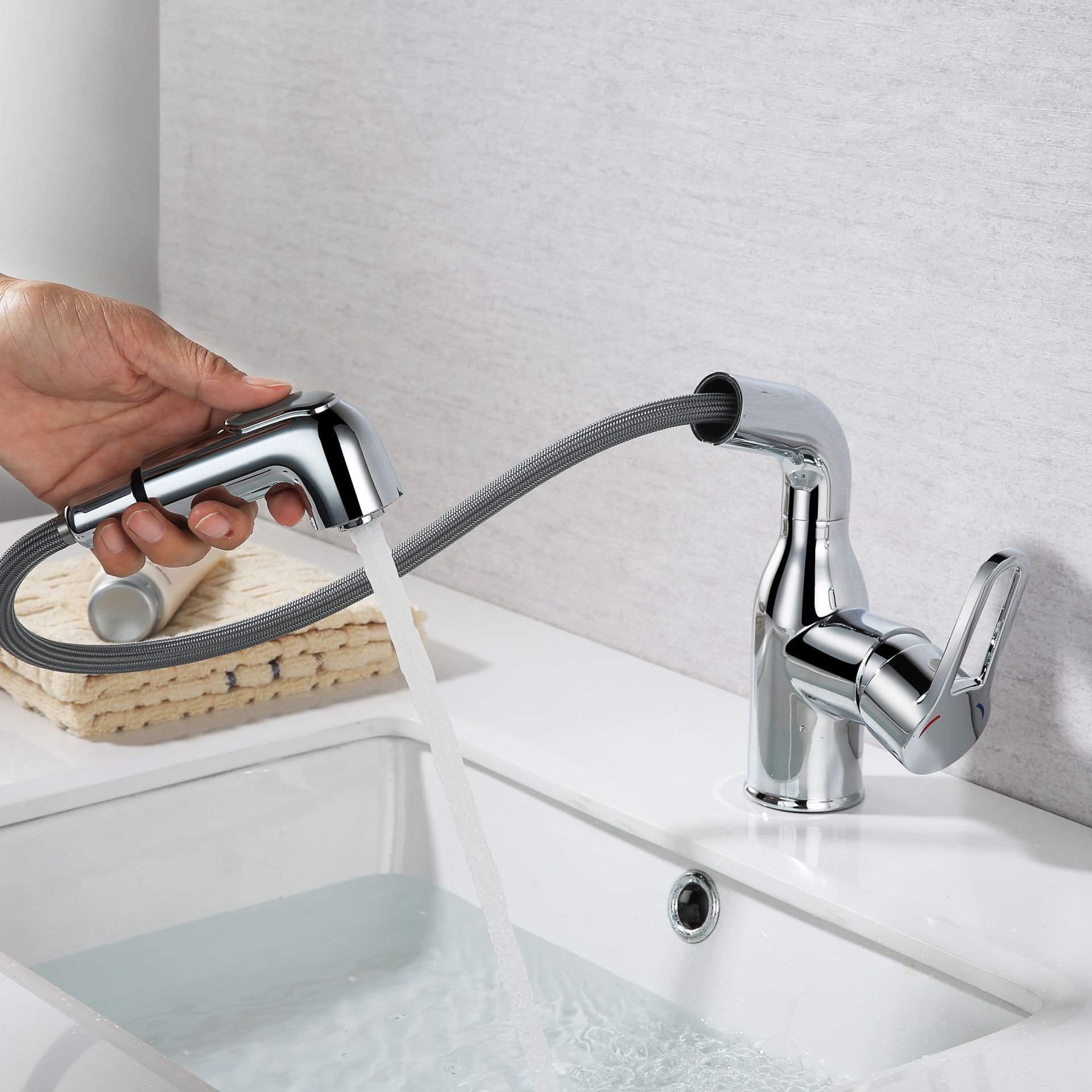 抽拉式全铜龙头 镂空把手 冷热混水 七字两档出水旋转面盆龙头