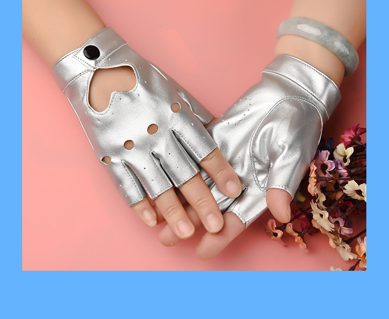 半指皮手套女露指半截韩版朋克街舞演出半指手套个性街头皮手套