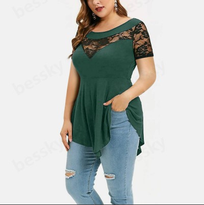 Cross-Border Foreign Trade New Women's Clothing plus Size Flower Lace Short Sleeve Irregular Hem See-through round Neck Women's Top Women Clothes
