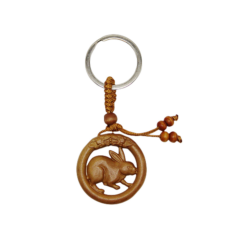 Ring Twelve Zodiac Peach Wood Three-Dimensional Keychain Carved Safe Car Keychain Pendant Hand Carved