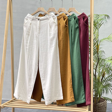 50194新款春季女装文艺通勤显瘦纯色垂感苎麻休闲裤长裤直筒裤子