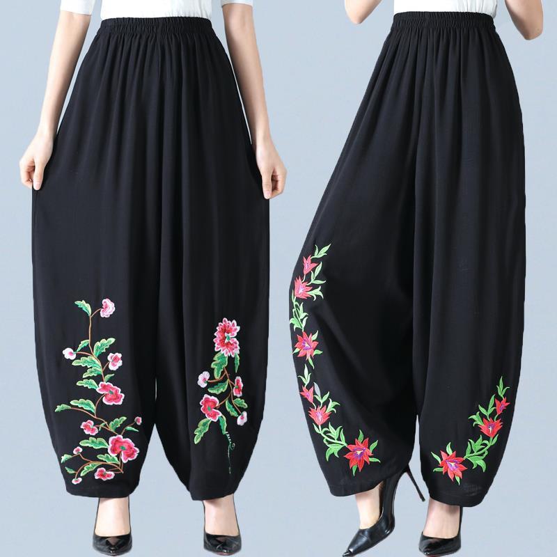 棉麻长裤夏季新款民族风绣花灯笼裤中老年妈妈高腰哈伦裤大码小脚