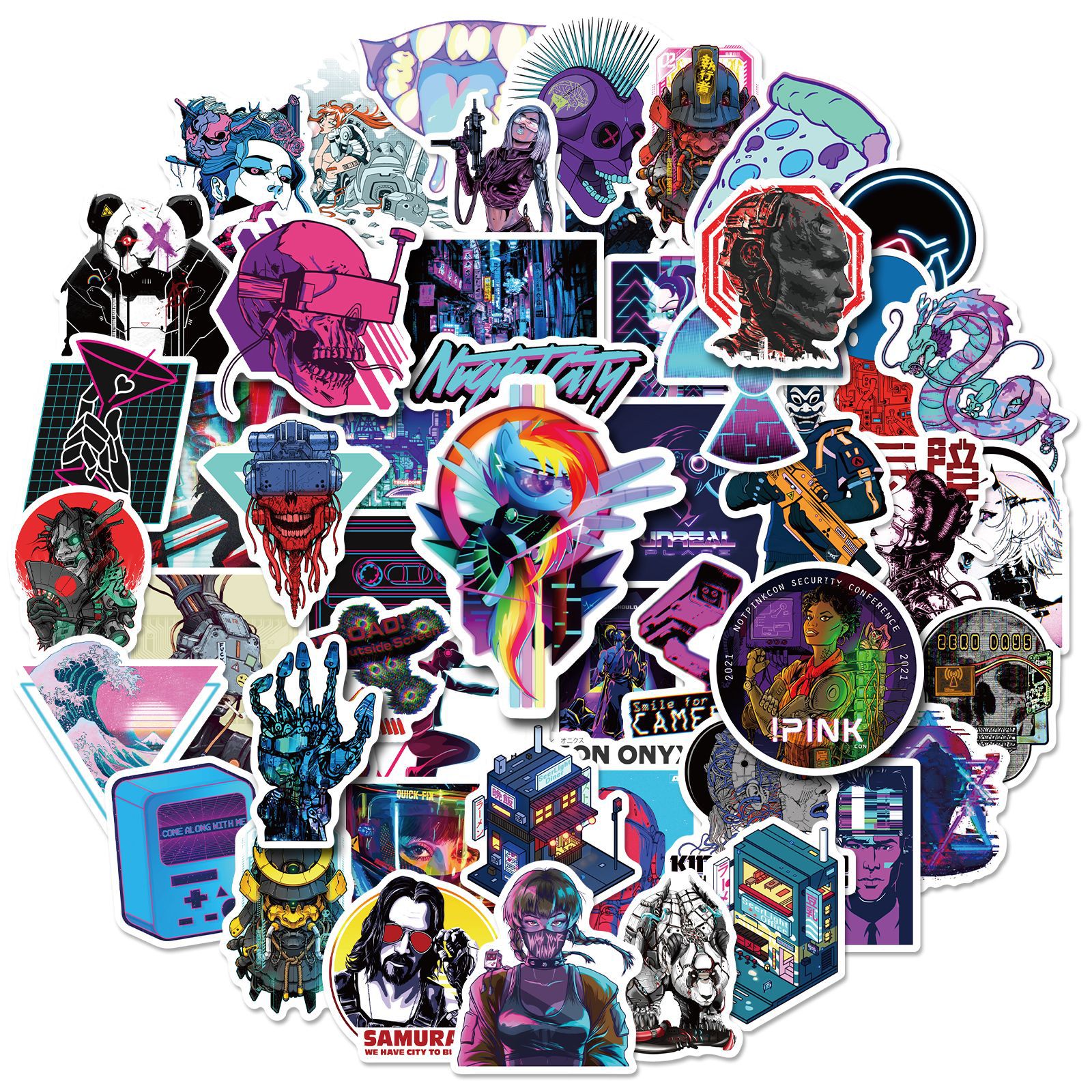 50张赛博风贴纸游戏赛博涂鸦贴纸朋克手机水杯电脑拉杆箱滑板贴纸