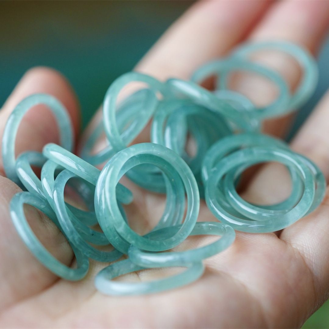 天然翡翠戒指戒圈蓝水玉石中式素圈手工diy细指环直播货源批发
