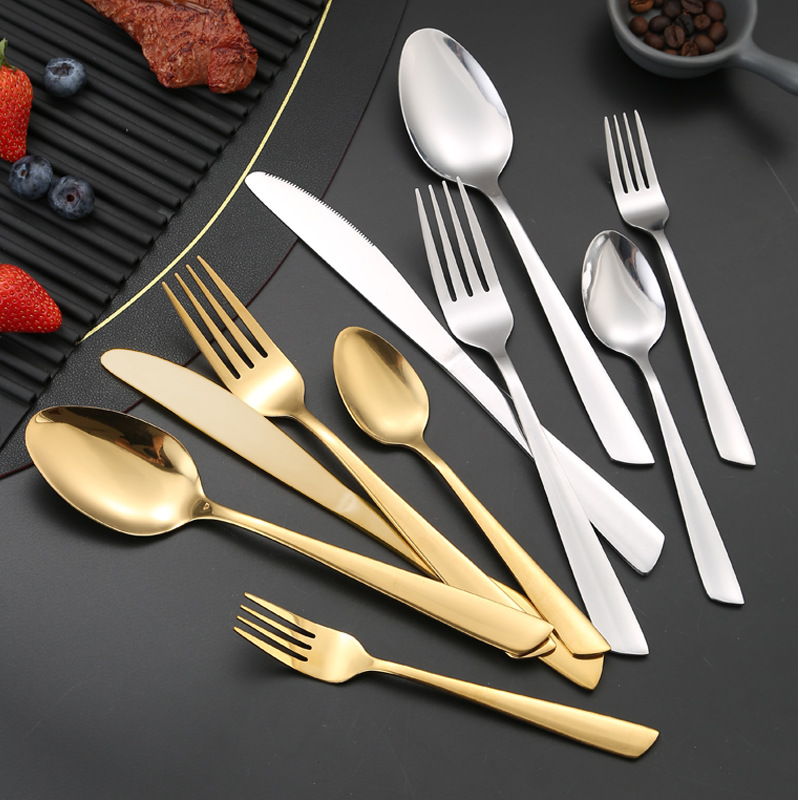 Cross-Border 410 Stainless Steel Knife, Fork and Spoon Oblique Tail Series Titanium-Plated Colorful Tableware Hotel Restaurant Steak Knife, Fork and Spoon