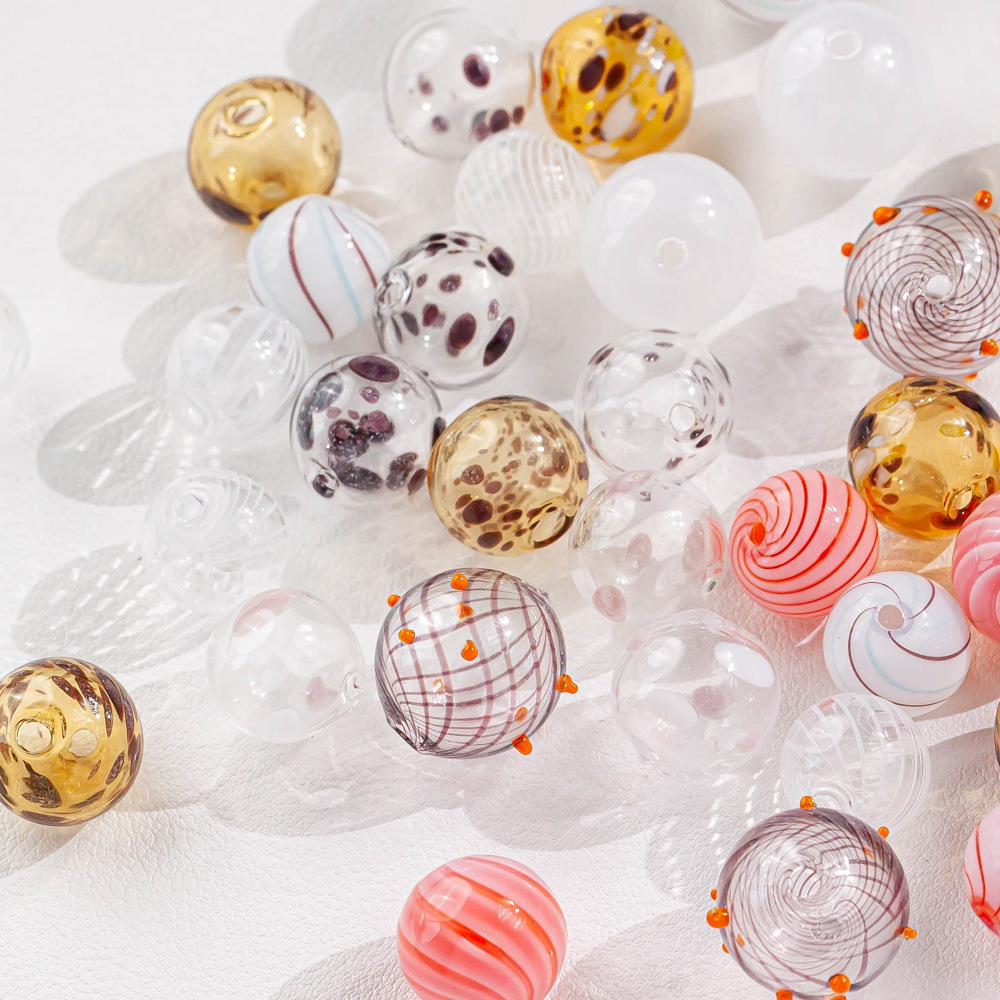 手绘斑点条纹琉璃泡泡复古空心玻璃球直孔diy耳饰项链饰品配件