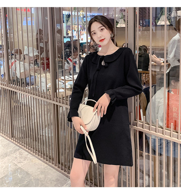 小个子轻熟风女装chic娃娃领宽松休闲大码直筒裙红色针织连衣裙女