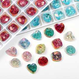 爆款10MM肥方爱心冰花镀底美甲钻K9钻圆形尖底镀膜月光色玻璃碎钻