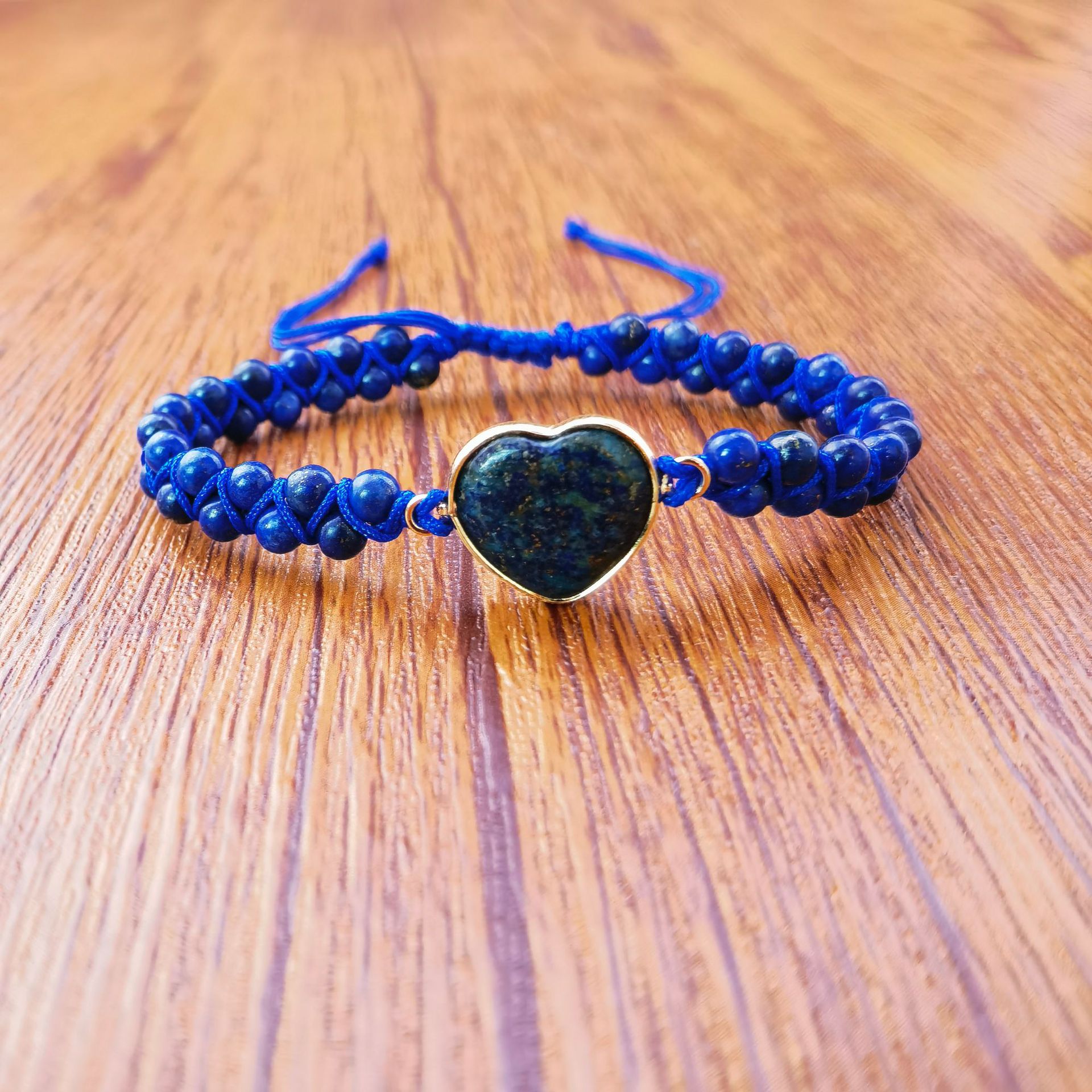 跨境热卖天然石紫晶闪光石青金帝皇石手工编织可调节爱心手链