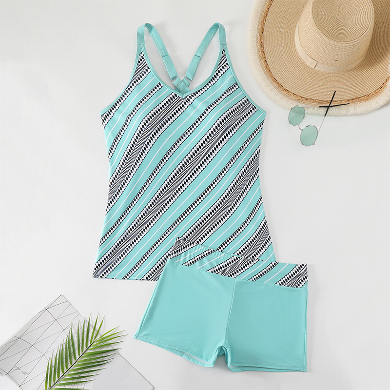 欧美比基尼2024新款亚马逊条纹印花吊带性感大码胖妹妹分体泳衣女