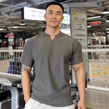 春夏男士纯色圆领V领T恤休闲简约细短袖健身训练打底百搭上衣